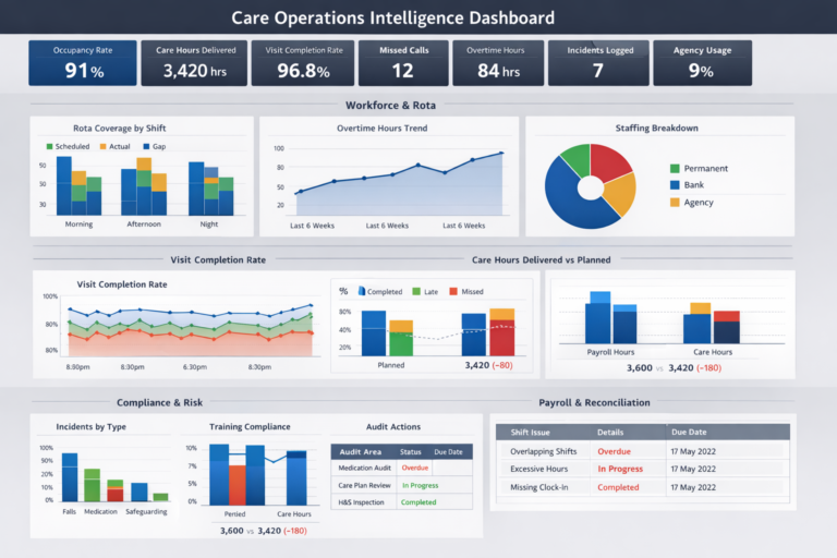 Metrixan top kpi dashboard and operation management for Healthcare Carehomes UK especially built for Registered nurse, deputy director, directors